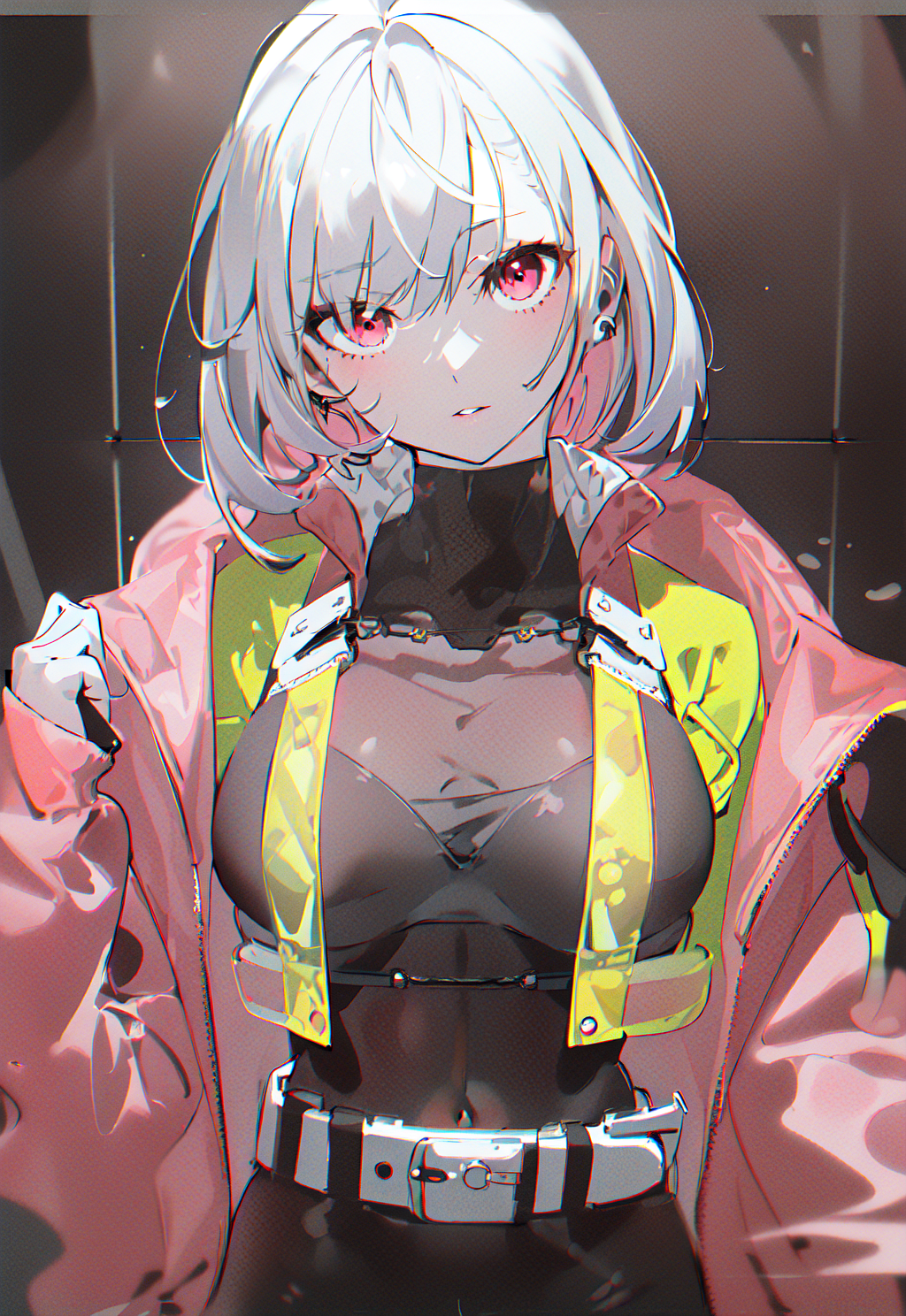 02766-1506598522-solo, lucy _(cyberpunk_), white short hair, parted lips, pink eyes, bangs, looking at viewer, upper body, 1girl,(bright  yellow.png
